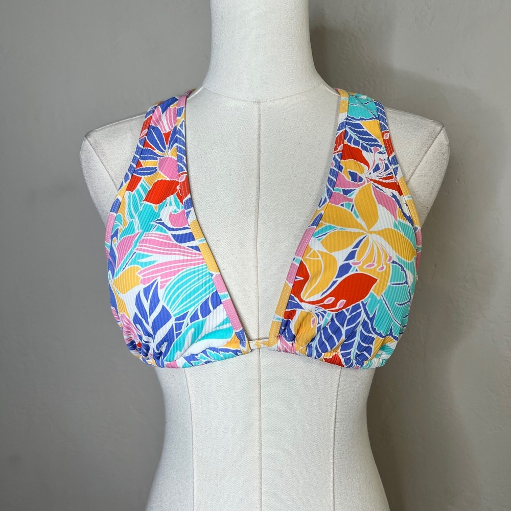 Body Glove Bikini Top Aloha Floral Colorful Size Large Multi Ribbed V-Neck Tie